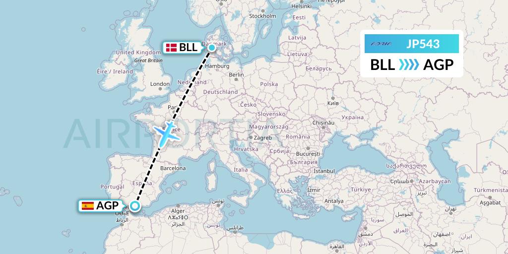 JP543 Adria Airways Flight Map: Billund to Malaga