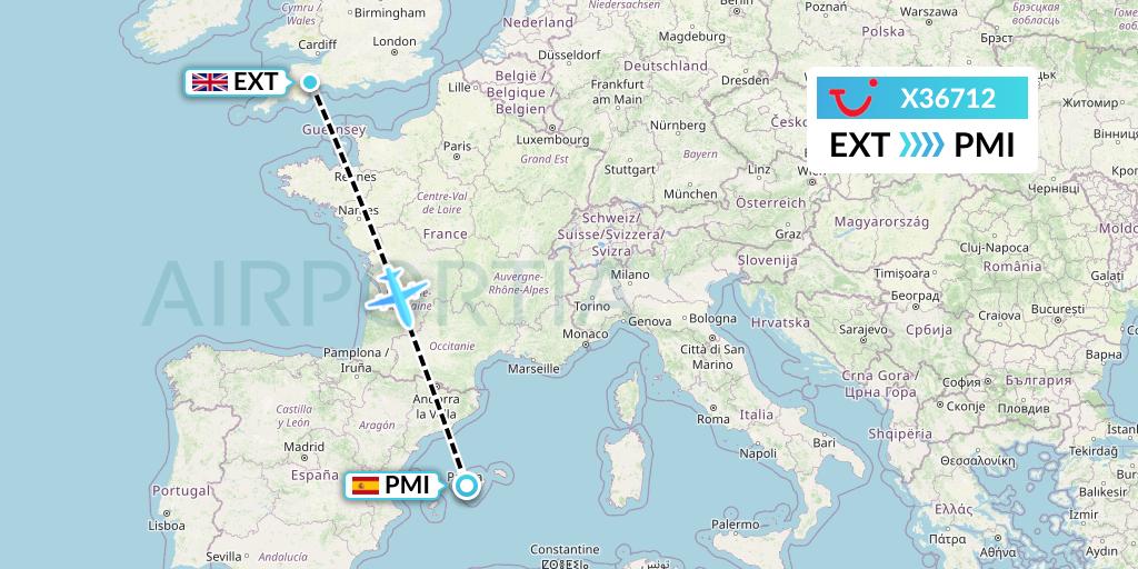 X36712 TUI fly Germany Flight Map: Exeter to Palma de Mallorca