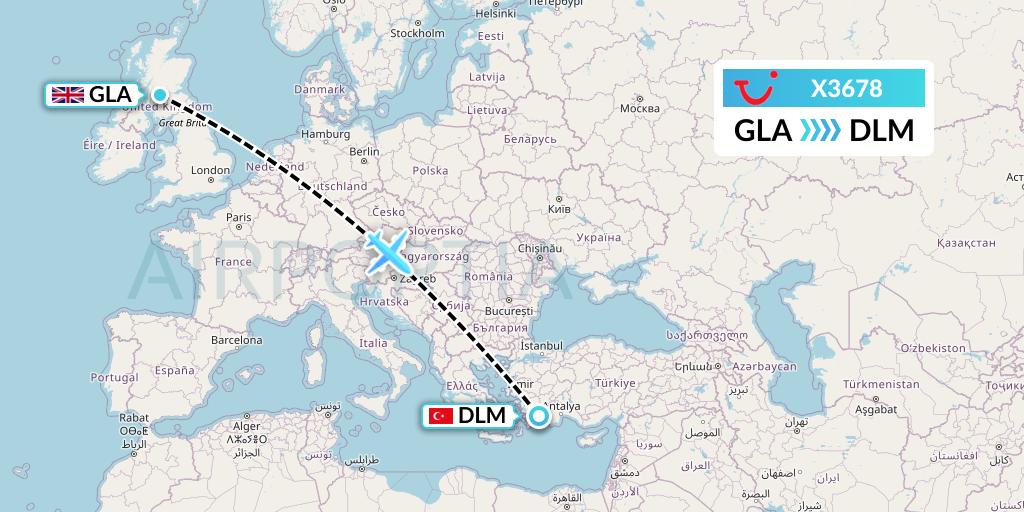 X3678 TUI fly Germany Flight Map: Glasgow to Dalaman