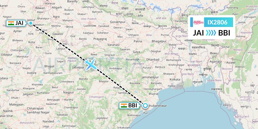 IX2806 Air India Express Flight Map: Jaipur to Bhubaneswar