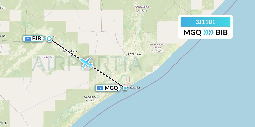 3J1101 Jubba Airways Flight Map: Mogadishu to Baidoa