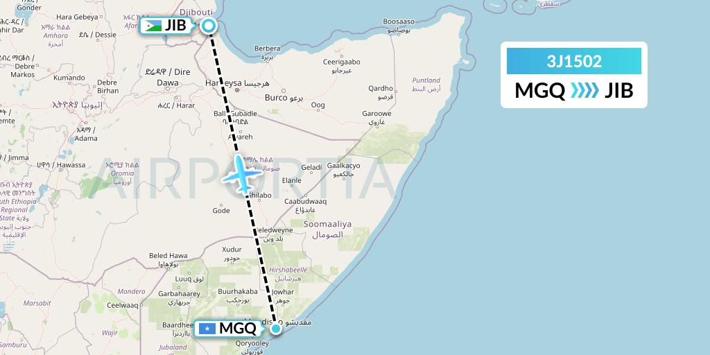 3J1502 Jubba Airways Flight Map: Mogadishu to Djibouti