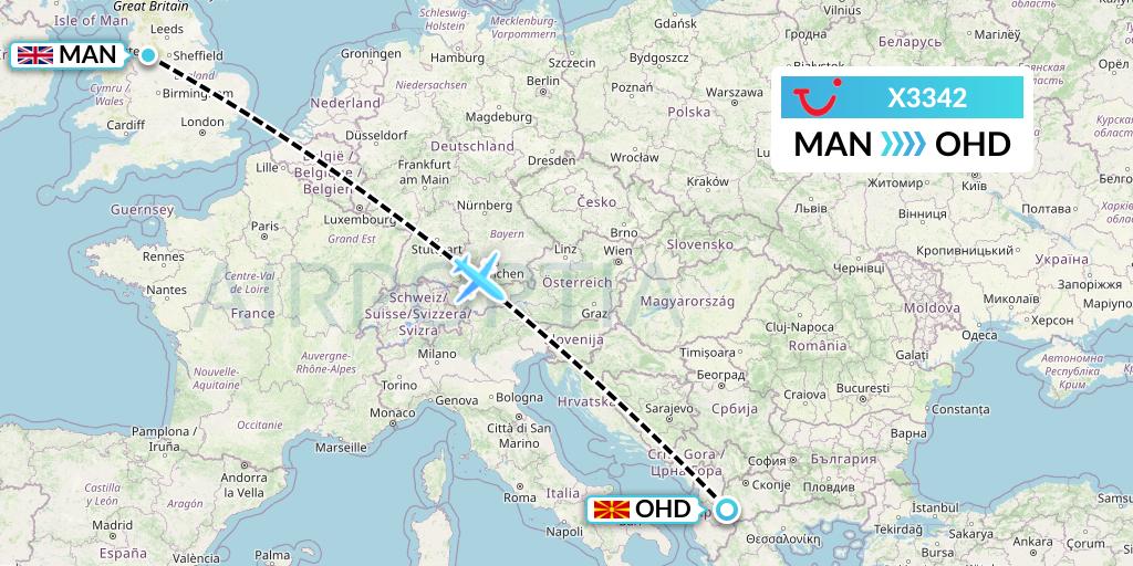 X3342 TUI fly Germany Flight Map: Manchester to Ohrid