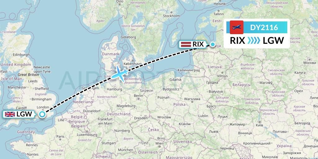 DY2116 Norwegian Flight Map: Riga to London