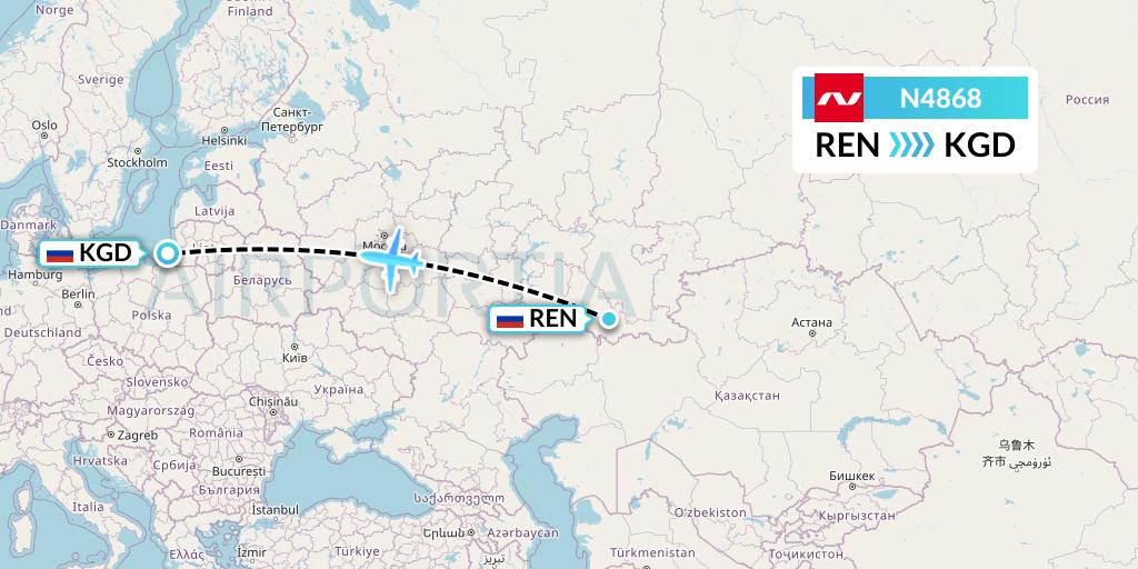 N4868 Nordwind Airlines Flight Map: Orenburg to Kaliningrad
