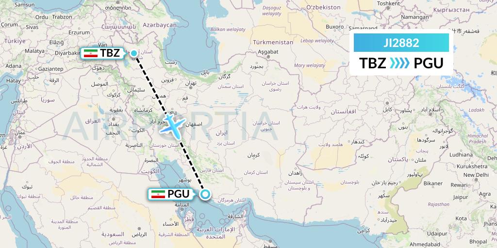 JI2882 Armenian Airlines Flight Map: Tabriz to Assaluyeh