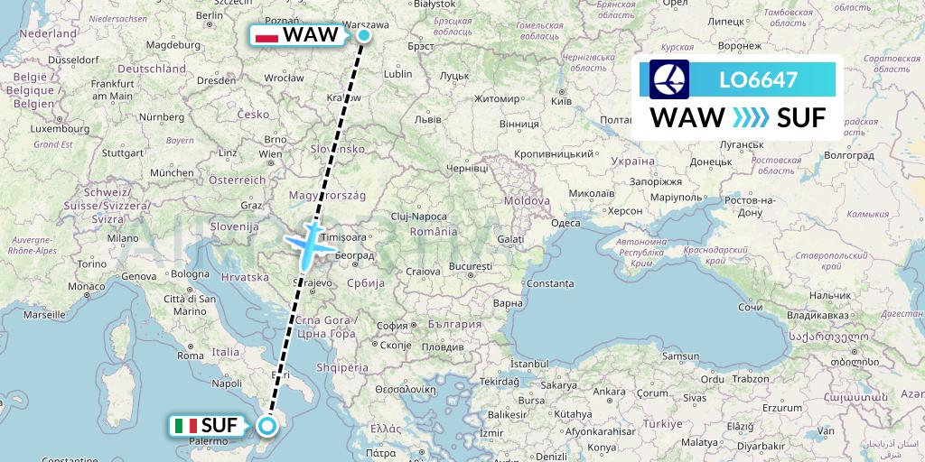 LO6647 LOT Flight Map: Warsaw to Lamezia Terme