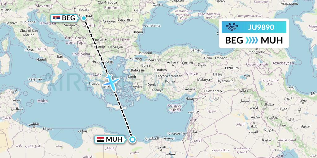 JU9890 AirSERBIA Flight Map: Belgrade to Mersa Matruh