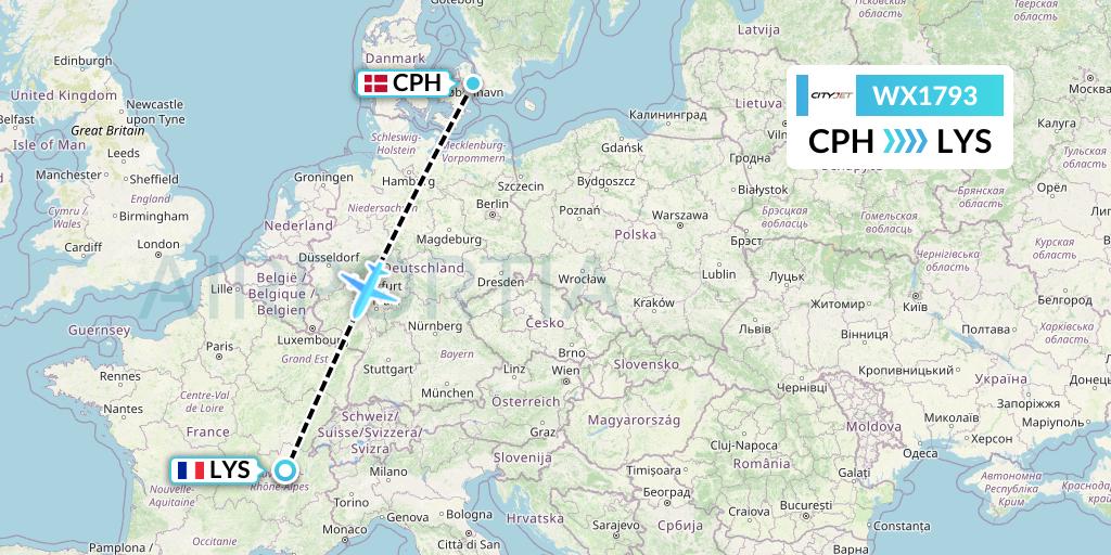 WX1793 Cityjet Flight Map: Copenhagen to Lyon