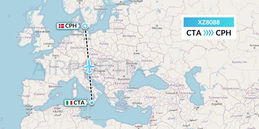 XZ8088 Aeroitalia Flight Map: Catania to Copenhagen