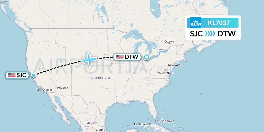 KL7037 KLM Flight Map: San Jose to Detroit