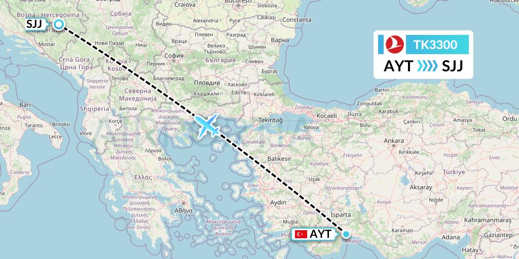 TK3300 Turkish Airlines Flight Map: Antalya to Sarajevo