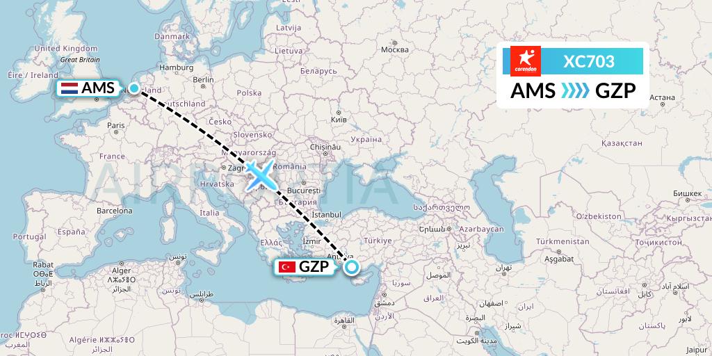 XC703 Corendon Airlines Flight Map: Amsterdam to Gazipasa