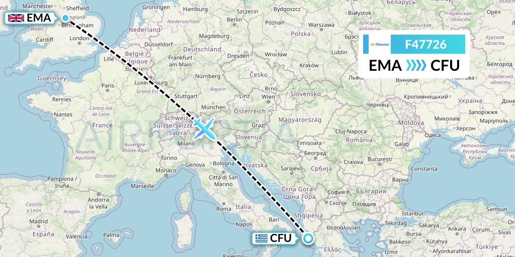 F47726 Air Flamenco Flight Map: East Midlands to Corfu