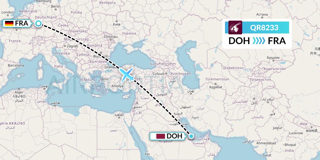 QR8233 Qatar Airways Flight Map: Doha to Frankfurt