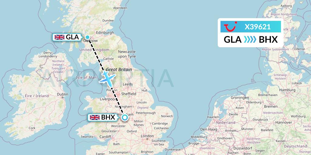 X39621 TUI fly Germany Flight Map: Glasgow to Birmingham