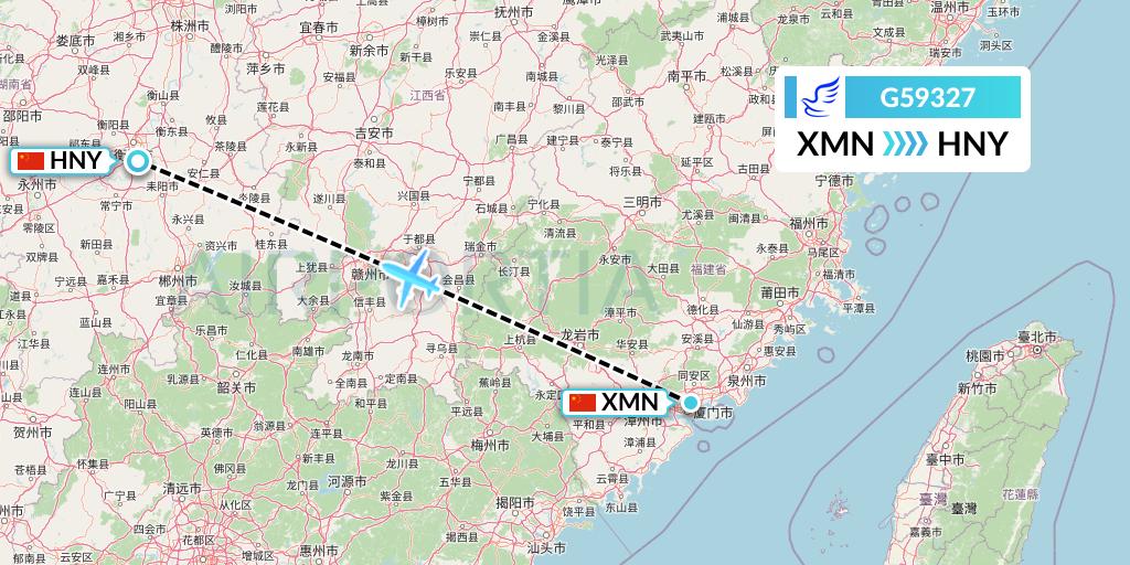 G59327 China Express Airlines Flight Map: Xiamen to Hengyang