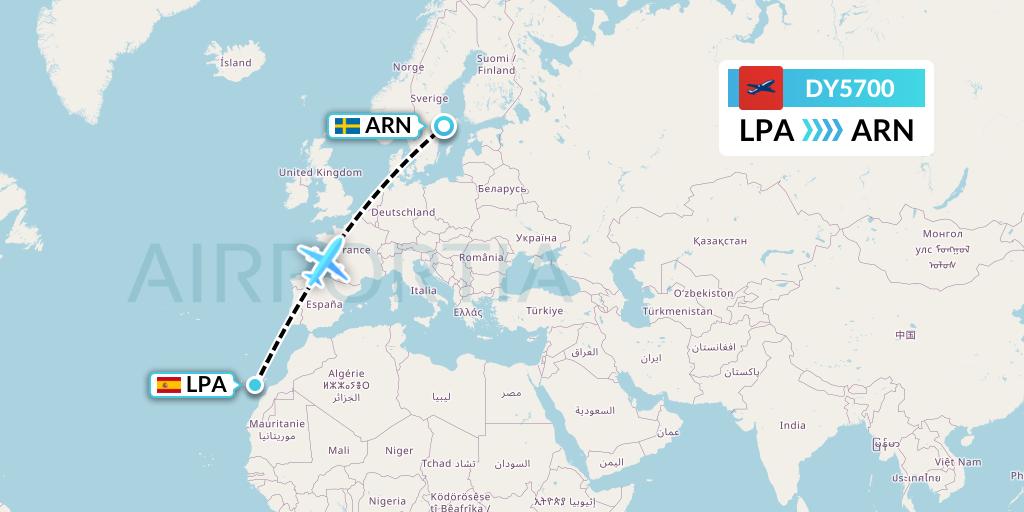 DY5700 Norwegian Flight Map: Las Palmas to Stockholm