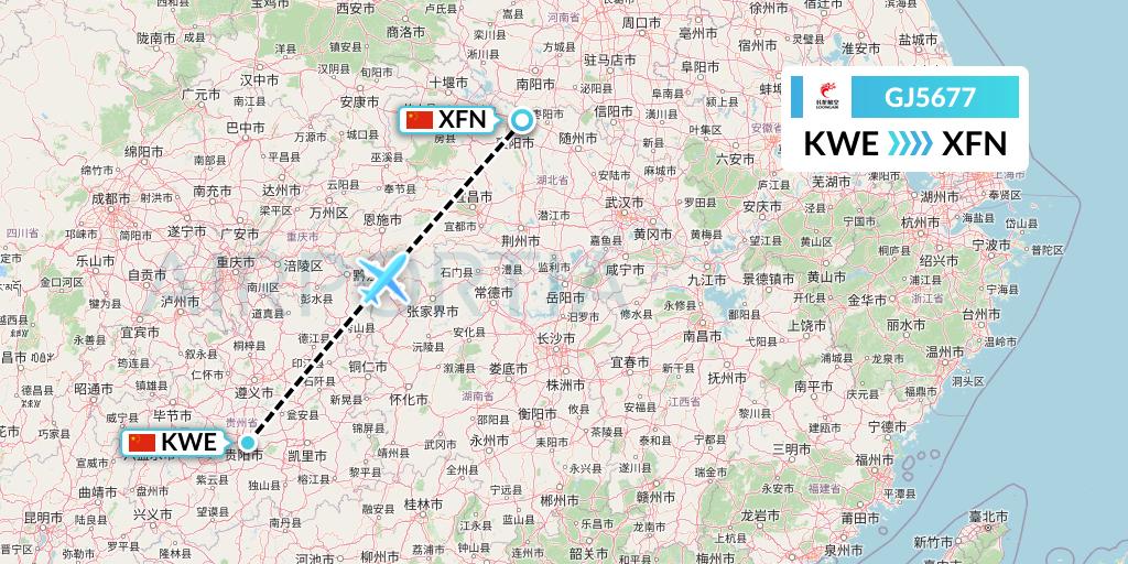 GJ5677 Loong Airlines Flight Map: Guiyang to Xiangyang