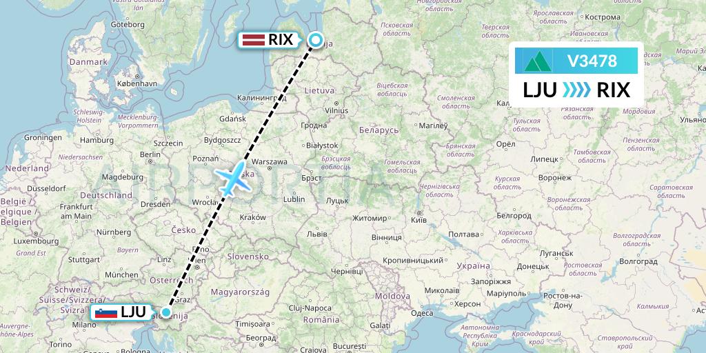 V3478 Carpatair Flight Map: Ljubljana to Riga