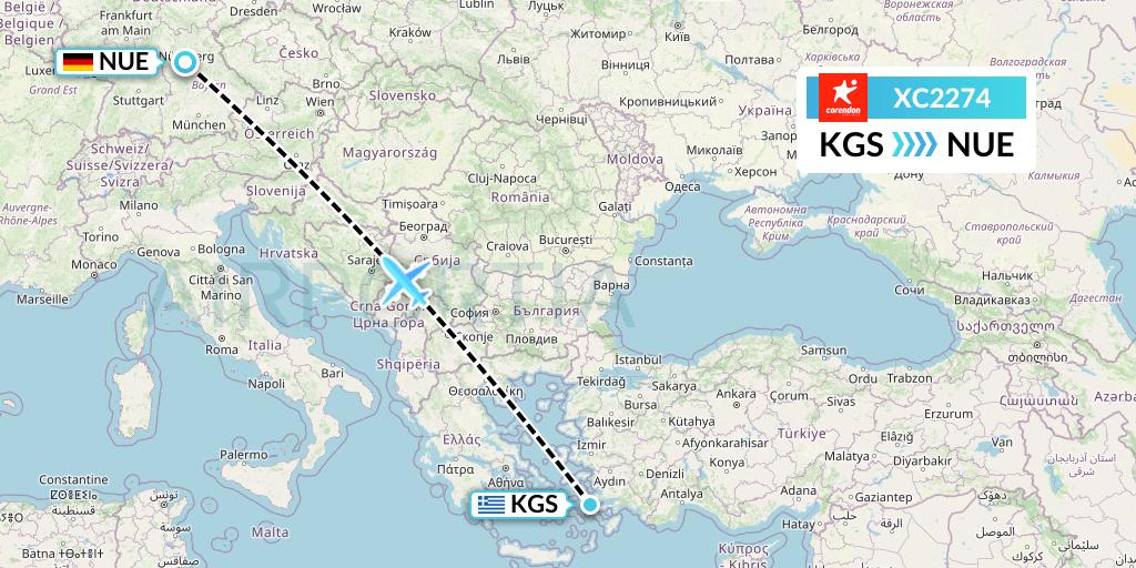 XC2274 Corendon Airlines Flight Map: Kos to Nurnberg