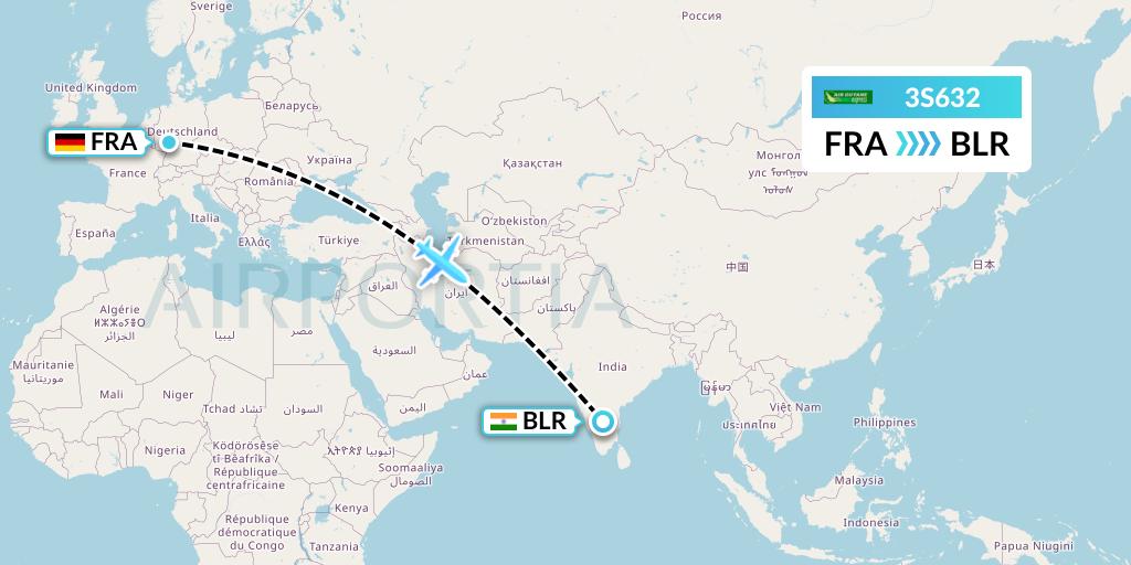 3S632 Air Antilles Express Flight Map: Frankfurt to Bangalore