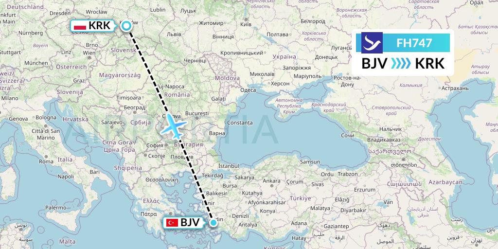 FH747 Freebird Airlines Flight Map: Bodrum to Krakow