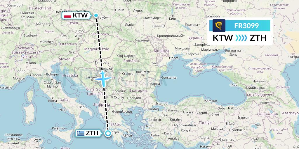 FR3099 Ryanair Flight Map: Katowice to Zakynthos
