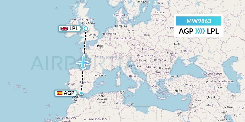 MW9863 Mokulele Flight Service Flight Map: Malaga to Liverpool