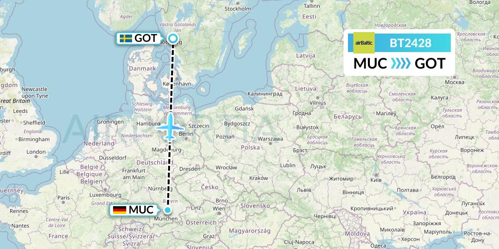 BT2428 Air Baltic Flight Map: Munich to Gothenburg