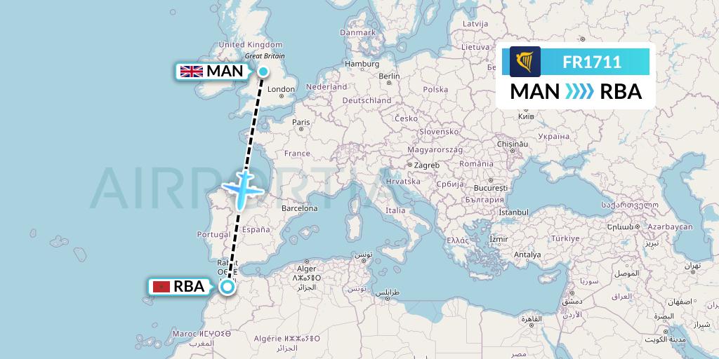 FR1711 Ryanair Flight Map: Manchester to Rabat