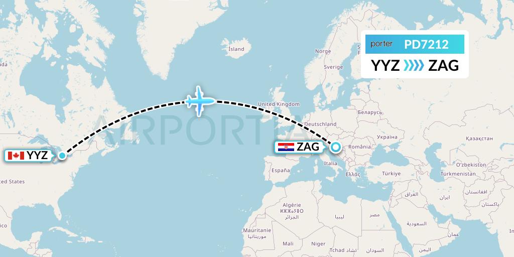 PD7212 Porter Airlines Flight Map: Toronto to Zagreb