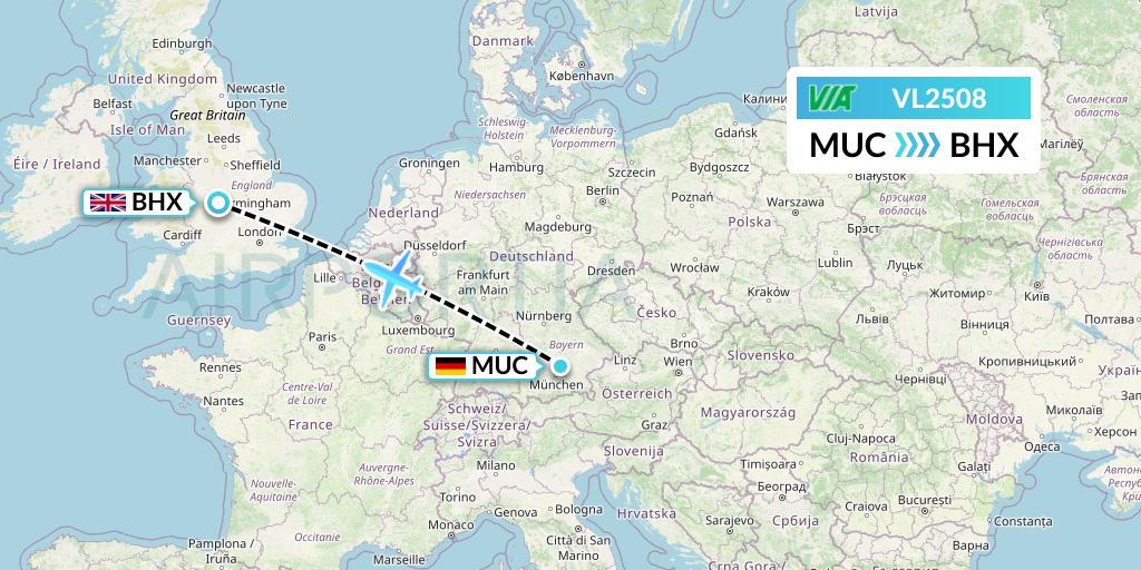 VL2508 Air Via Flight Map: Munich to Birmingham