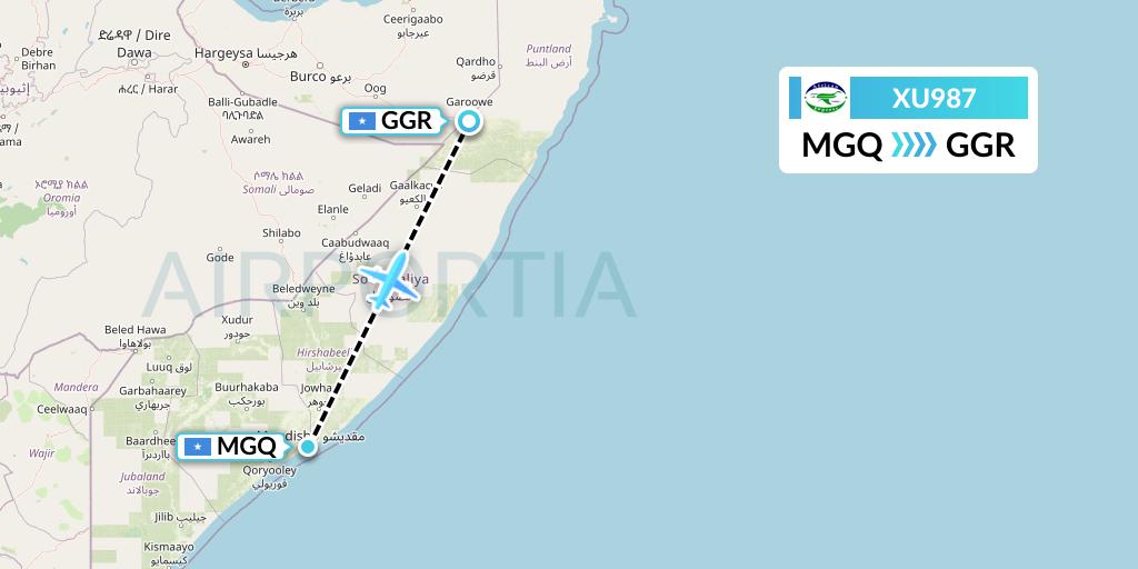 XU987 African Express Airways Flight Map: Mogadishu to Garoe