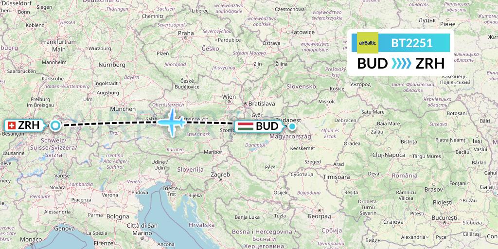 BT2251 Air Baltic Flight Map: Budapest to Zurich