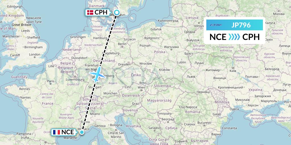 JP796 Adria Airways Flight Map: Nice to Copenhagen