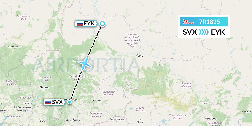 7R1835 Rusline Flight Map: Yekaterinburg to Beloyarsk