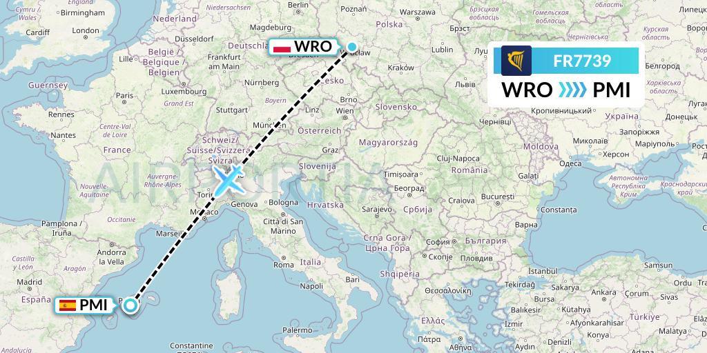 FR7739 Ryanair Flight Map: Wroclaw to Palma de Mallorca