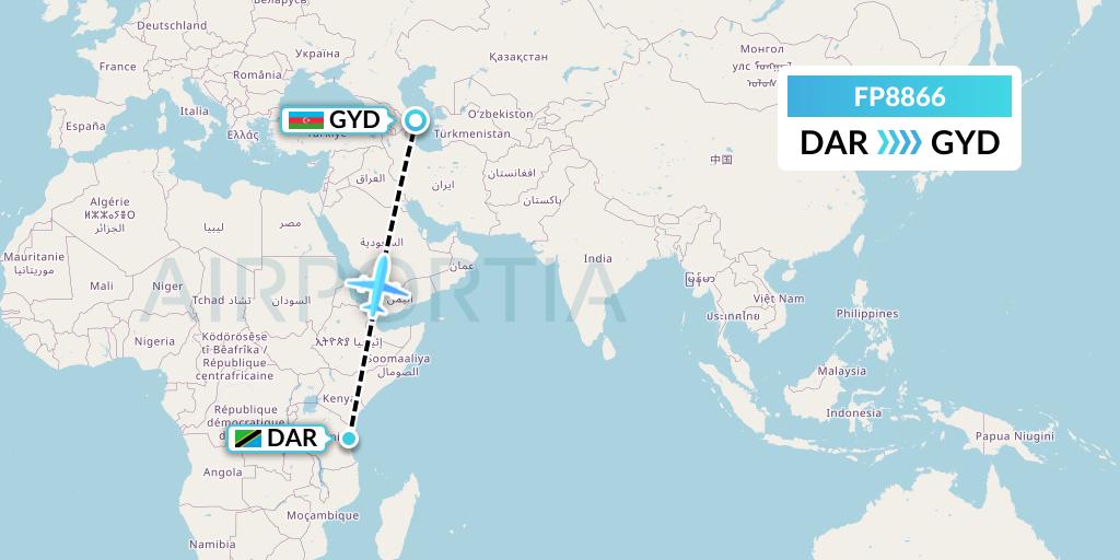 FP8866 FlyPelican Flight Map: Dar-es-Salaam to Baku
