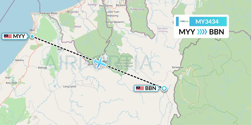 MY3434 MASwings Flight Map: Miri to Bario