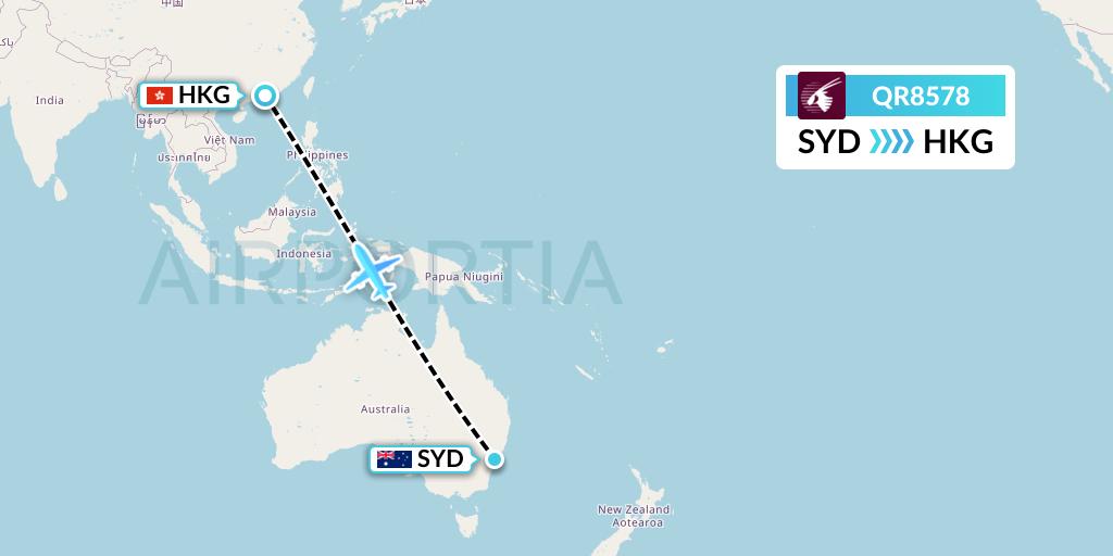 QR8578 Qatar Airways Flight Map: Sydney to Hong Kong