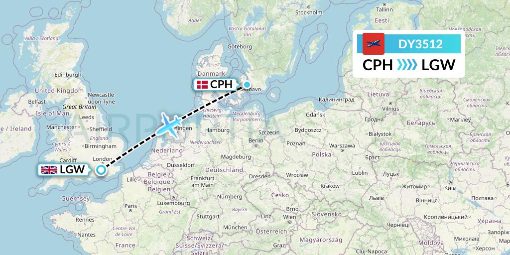DY3512 Norwegian Flight Map: Copenhagen to London