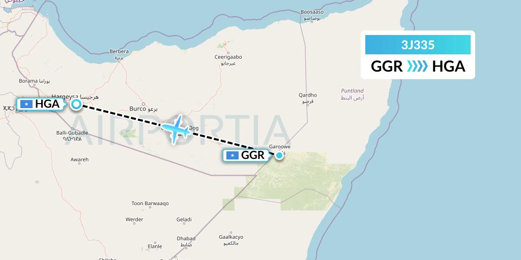 3J335 Jubba Airways Flight Map: Garoe to Hargeisa