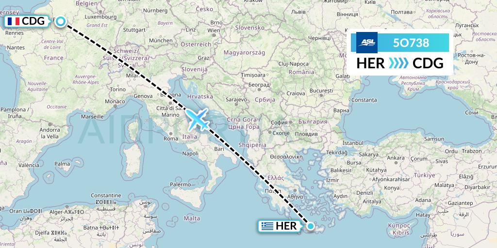 5O738 ASL Airlines France Flight Map: Heraklion to Paris