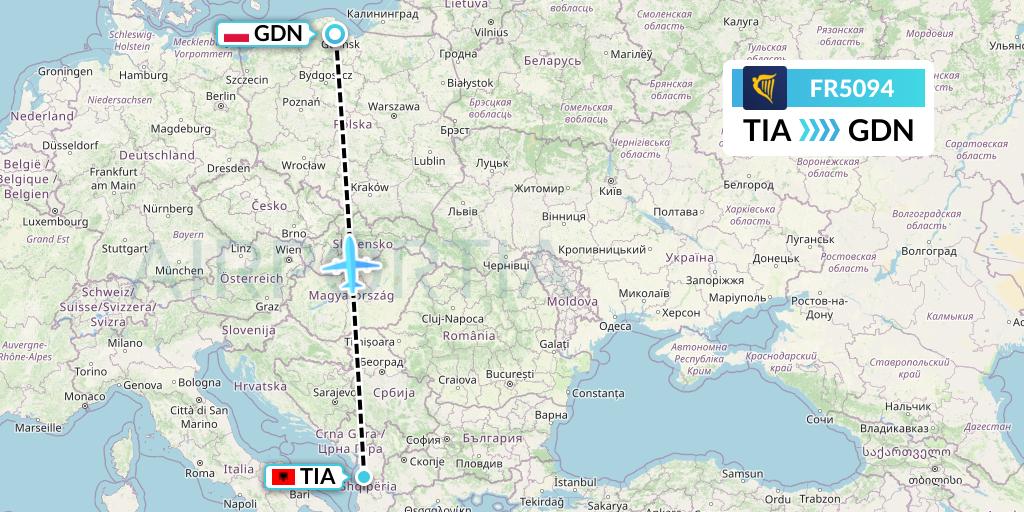 FR5094 Ryanair Flight Map: Tirana to Gdansk