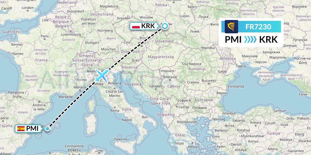 FR7230 Ryanair Flight Map: Palma de Mallorca to Krakow