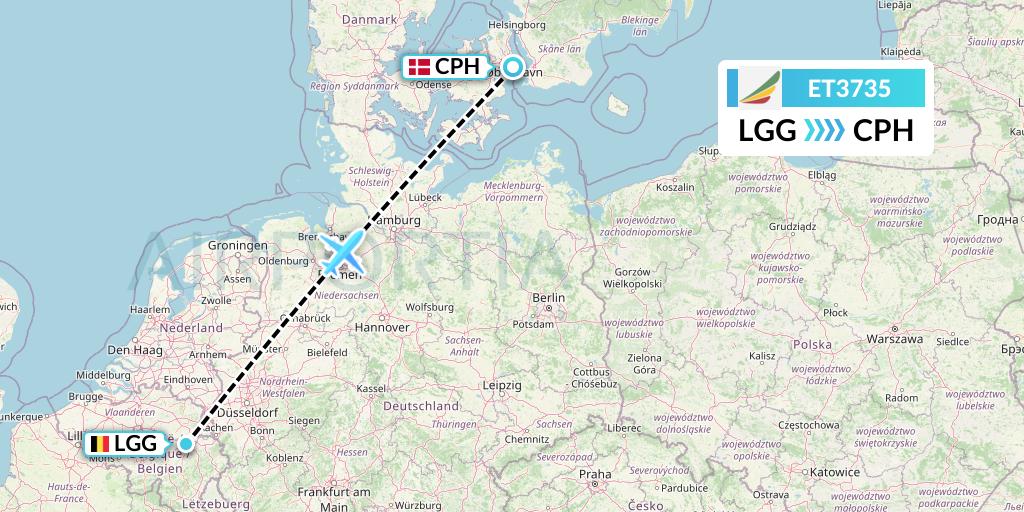 ET3735 Ethiopian Airlines Flight Map: Liege to Copenhagen
