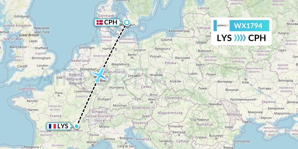 WX1794 Cityjet Flight Map: Lyon to Copenhagen