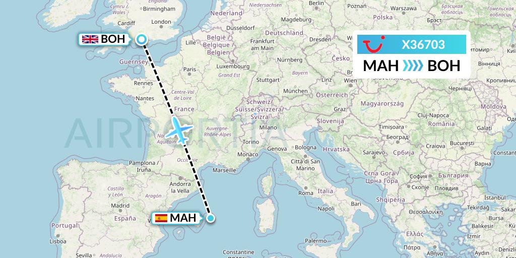 X36703 TUI fly Germany Flight Map: Mahon to Bournemouth