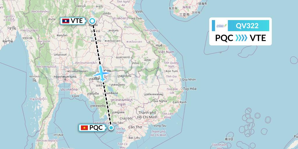 QV322 Lao Airlines Flight Map: Phu Quoc to Vientiane